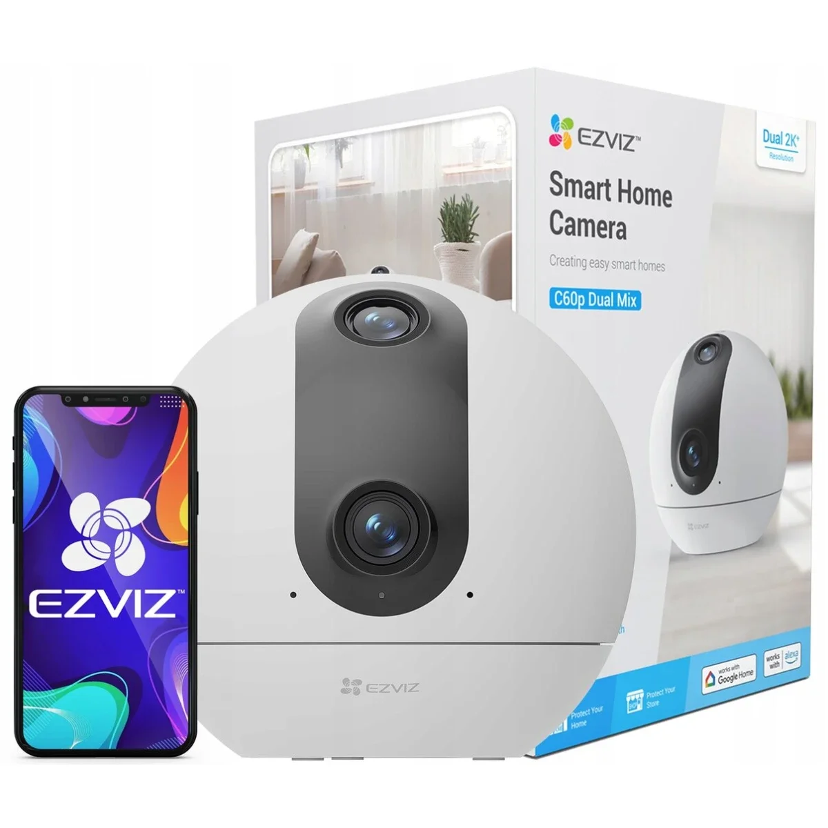 كاميرا منزليه ذكيه Wi‑Fi Ezviz C60p Dual Mix بدقه 2K بعدستين ورؤيه 360° لون White