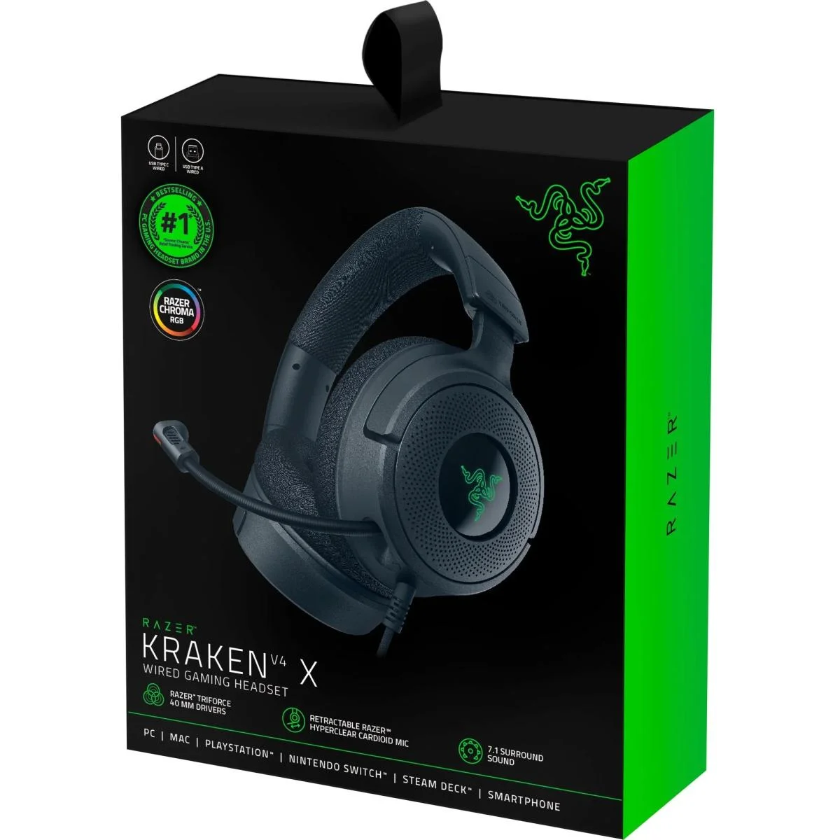 سماعة رأس ألعاب Razer Kraken V4 X سلكية بإضاءة Chroma RGB وصوت محيطي 7.1
