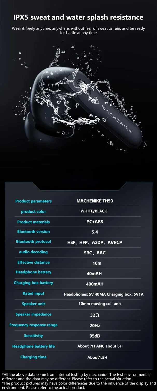 سماعات أذن لاسلكية MACHENIKE TH50 للألعاب داخل الأذن Bluetooth 5.3 بتقليل ضوضاء ANC AI وIPX5 أبيض - Image 18