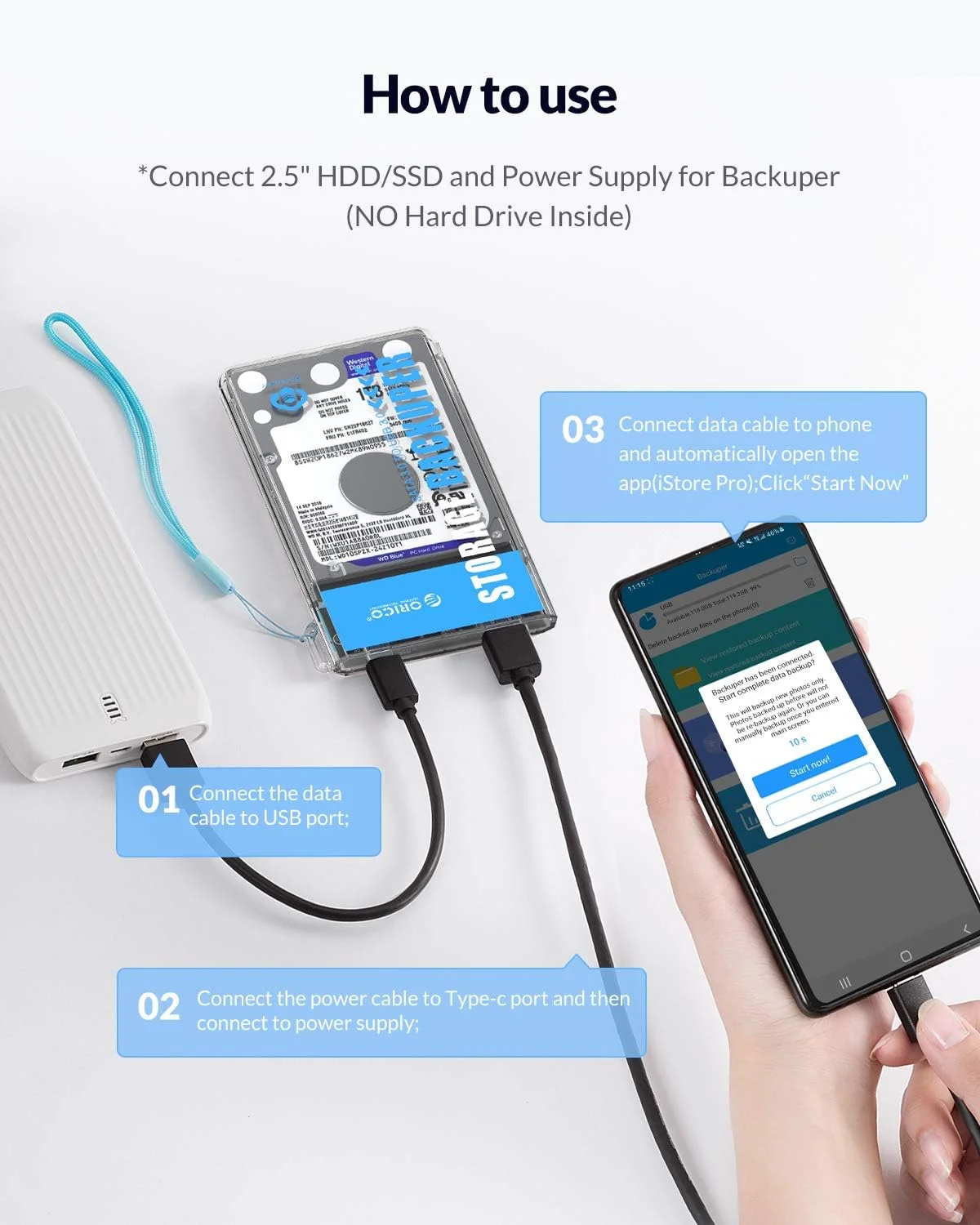 علبة هارد ديسك ORICO Backuper BA2110 USB Type-C للنسخ الاحتياطي حتى 2TB لأجهزة iOS وAndroid، بدون قرص - Image 8