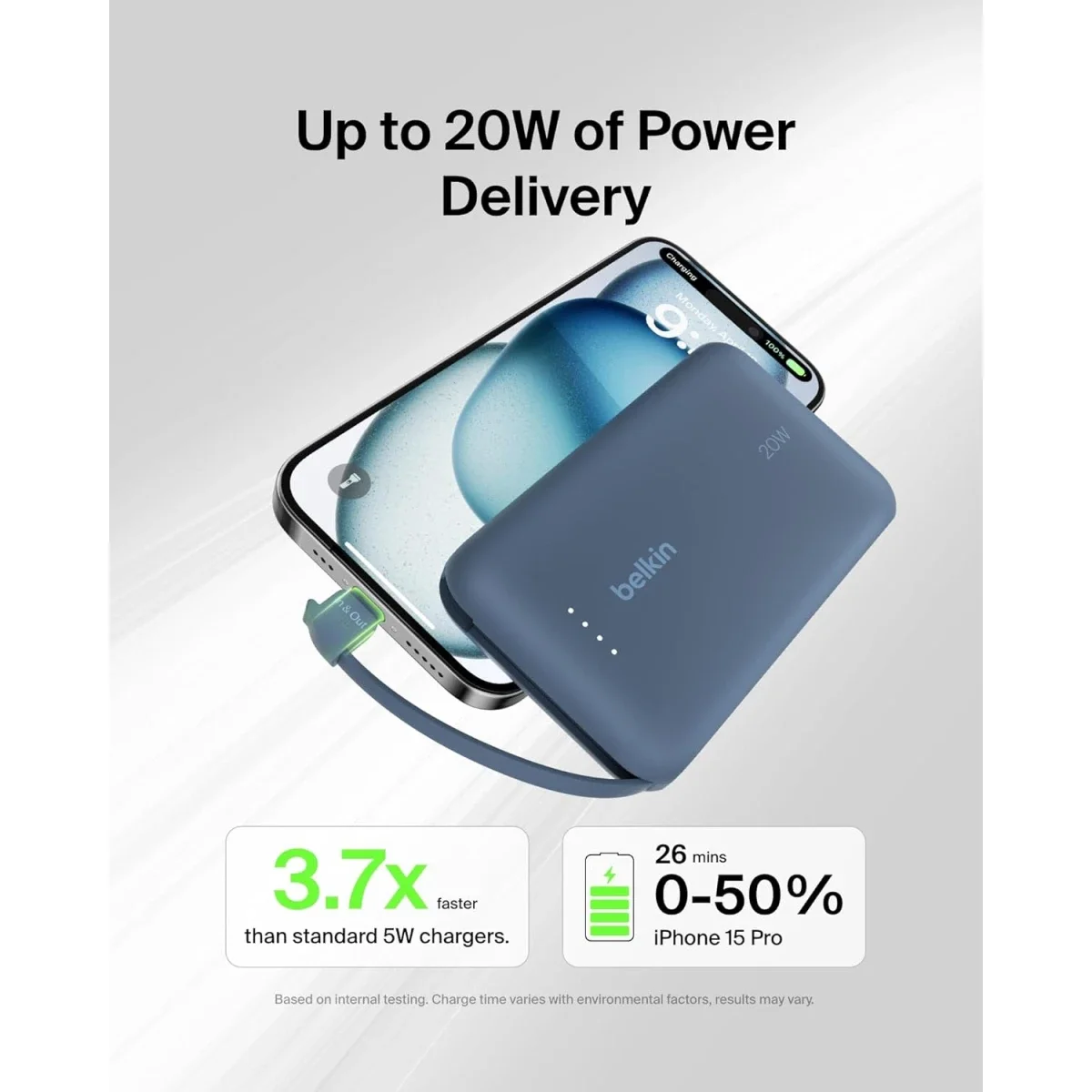 باور بانك Belkin BoostCharge بسعة 10000mAh مع كابل USB-C مدمج وشحن PD بقوة 20W - أزرق - Thumbnail 5