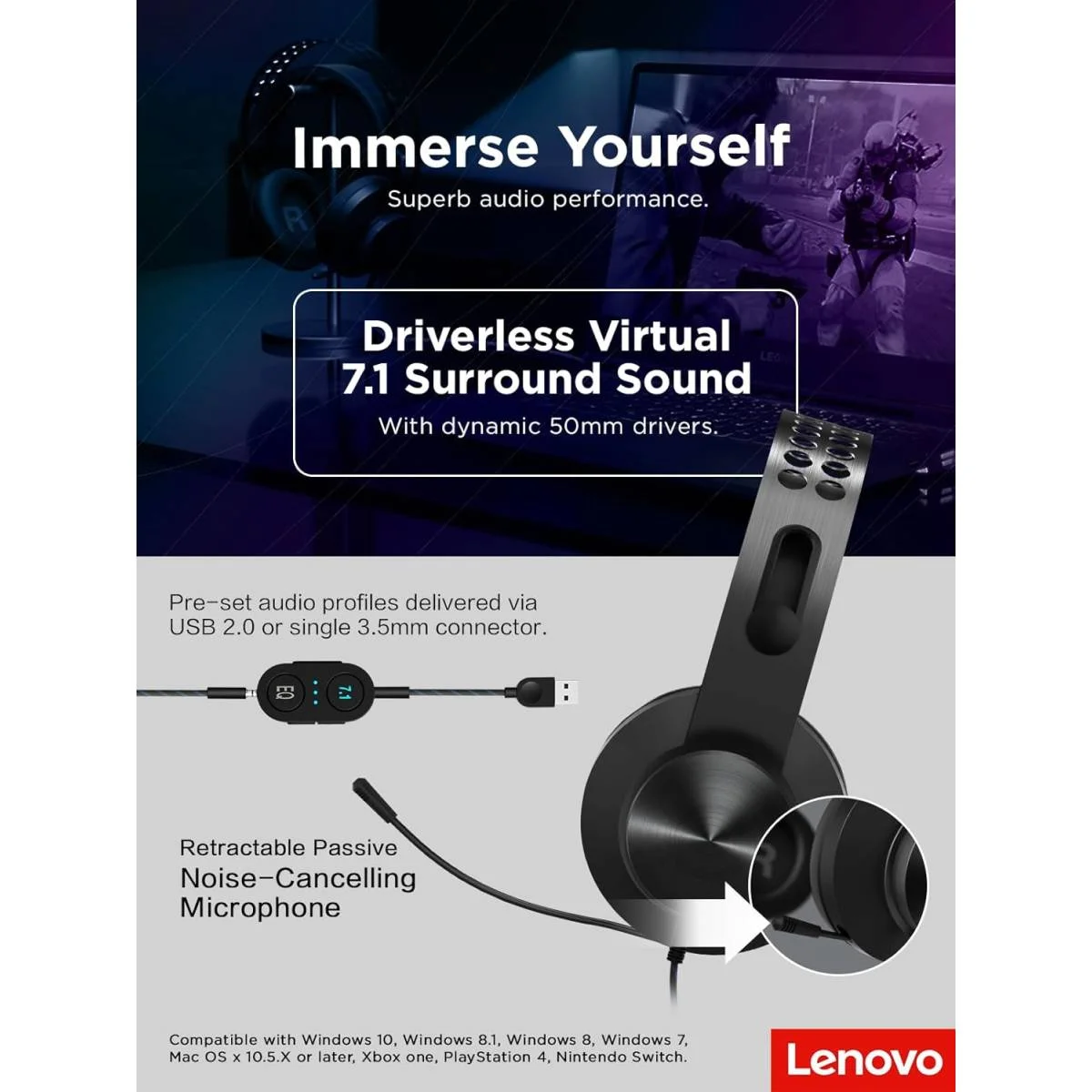 Lenovo Legion H500 Pro 7.1 Surround Sound Gaming Headset GXD0T69864 Black - Image 7