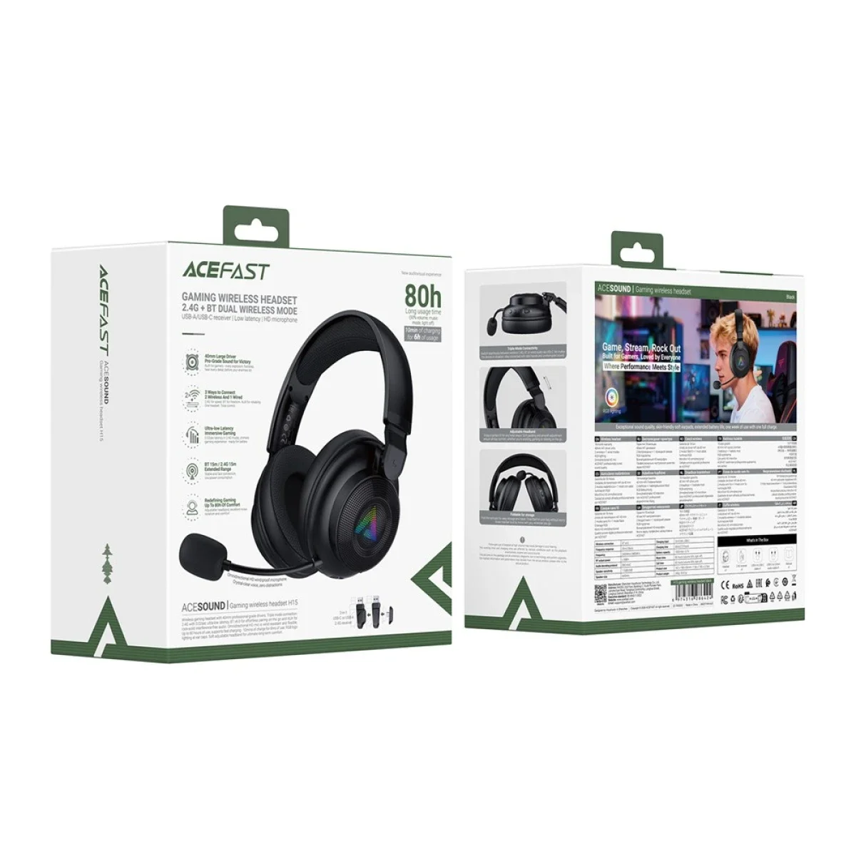 سماعة ألعاب ACEFAST H15 لاسلكية مع Bluetooth 6.0 و2.4GHz وإضاءة RGB وميكروفون - أسود - Thumbnail 8
