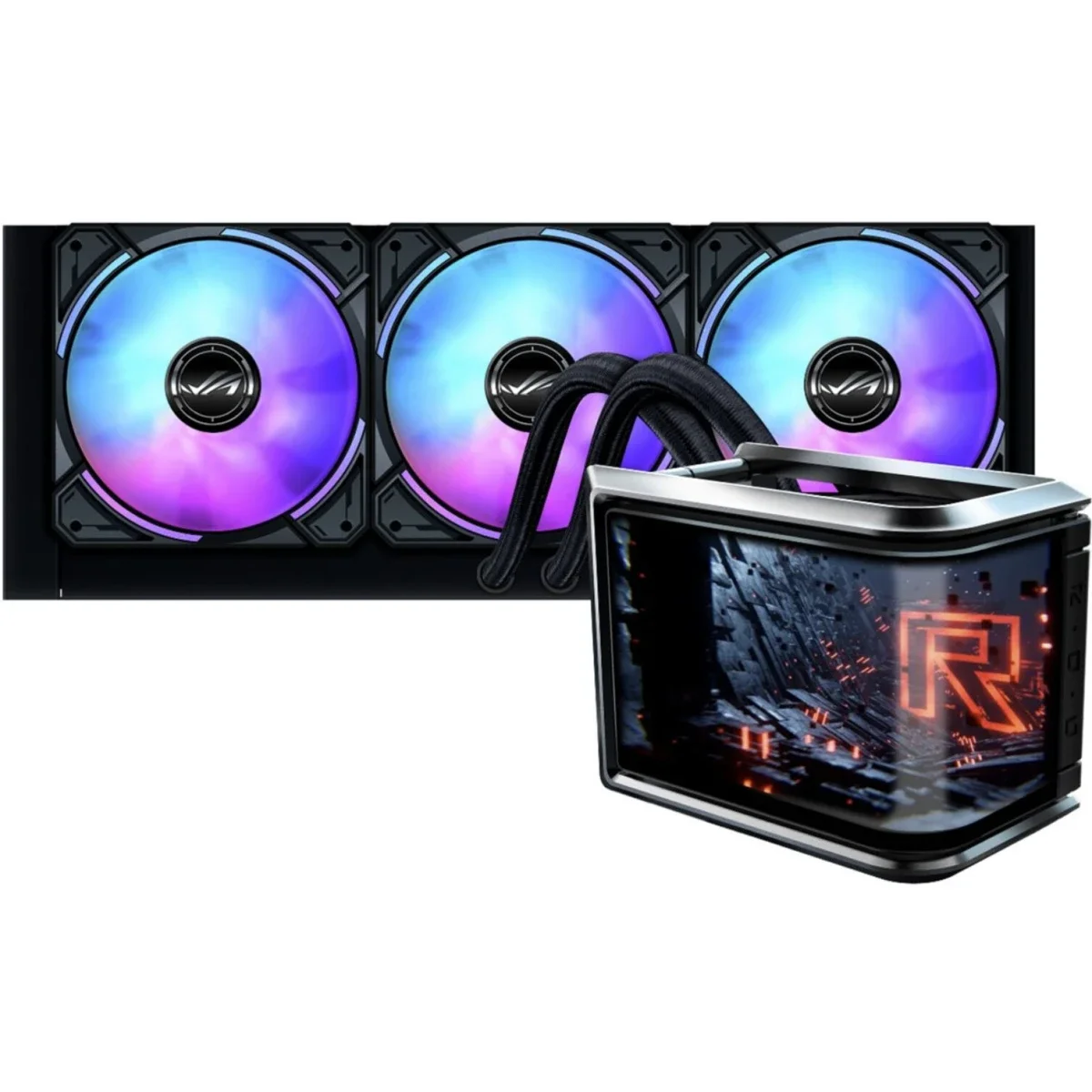 Asus ROG Ryuo IV SLC 360 ARGB Liquid CPU Cooler with 6.67 Inch AMOLED Display, 360mm Radiator, Black - Image 1