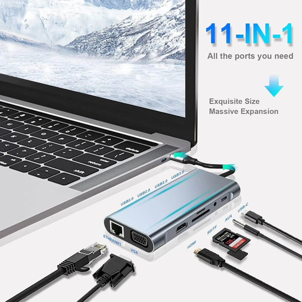 موزع USB-C SZPACMATE 11 في 1 مع 4K HDMI وVGA وPD وإيثرنت وقارئ بطاقات - Image 2