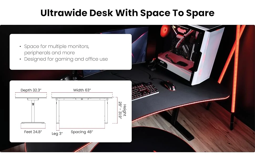 Arozzi Arena Ultrawide Curved Gaming Desk with Water-Resistant Mat, Cable Management - Pure Black - Image 6