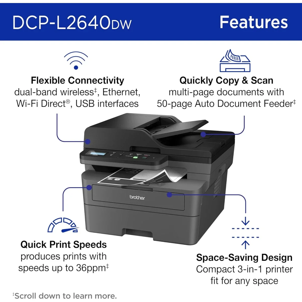 BROTHER DCP-L2640DW Wireless Monochrome Laser 3-in-1 Printer with 50-Page ADF - Thumbnail 3