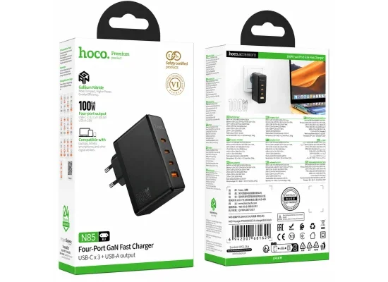 شاحن سريع HOCO N85 Vigoroso بتقنية GaN قدرة 100 واط و4 منافذ قابس EU - أسود - Image 7
