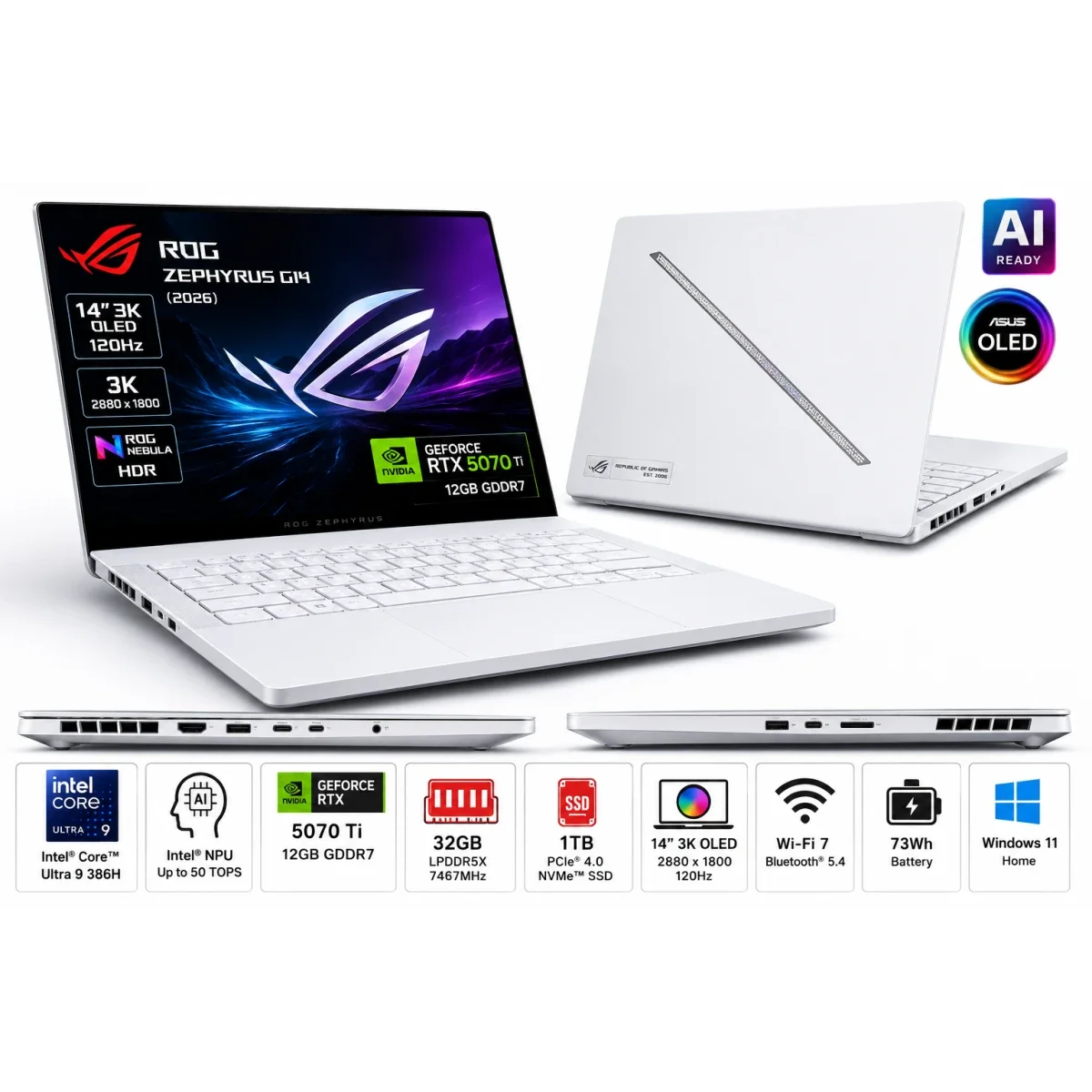 Asus ROG Zephyrus G14 GU405AR-SY015 Gaming Laptop Intel Core Ultra 9 386H RTX 5070 Ti 12GB 32GB 1TB SSD 14.0-inch 3K OLED 120Hz Platinum White - Image 1