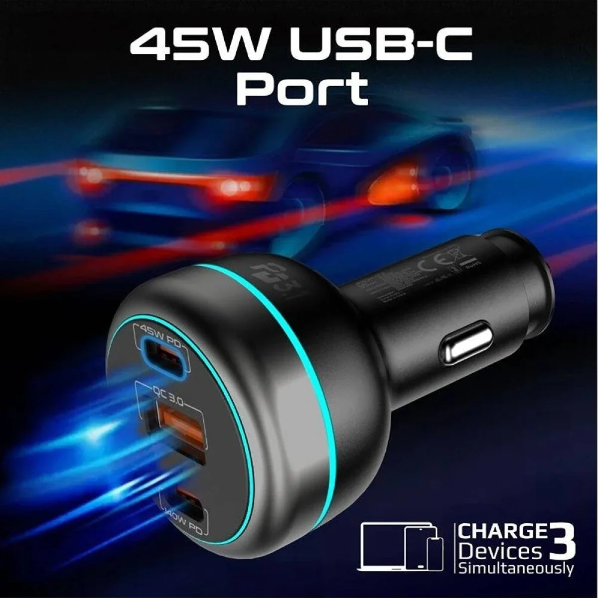 شاحن موبايل للسيارة Promate 230W بمنفذي USB-C بقدرة 140W/45W ومنفذ USB-A 45W - أسود - Image 7