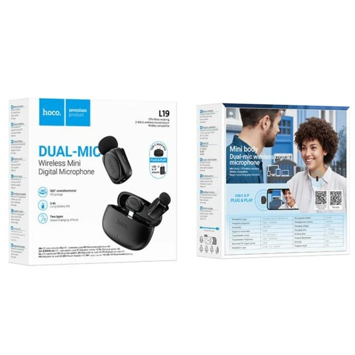 HOCO L19 Dual Wireless Lavalier Microphone with Type-C Receiver and Lightning Adapter, Black - Image 6