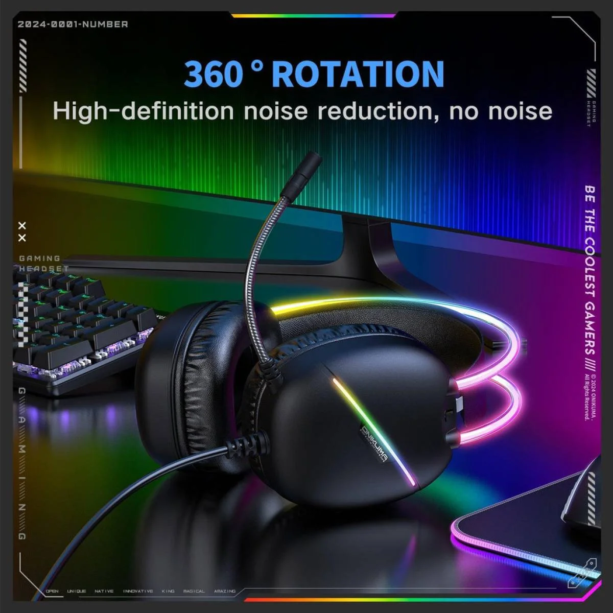 سماعة ألعاب ONIKUMA X33 سلكية USB-C مع مايك وإضاءة RGB - أسود - Image 3