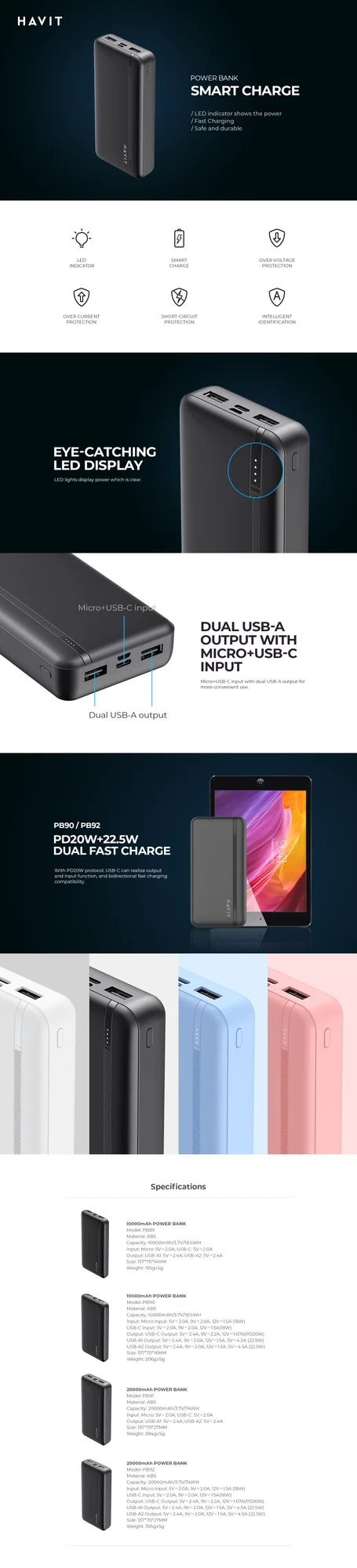 بطارية محمولة HAVIT PB89 للشحن السريع 10000mAh / 20000mAh PD 20W و22.5W أبيض - Thumbnail 7
