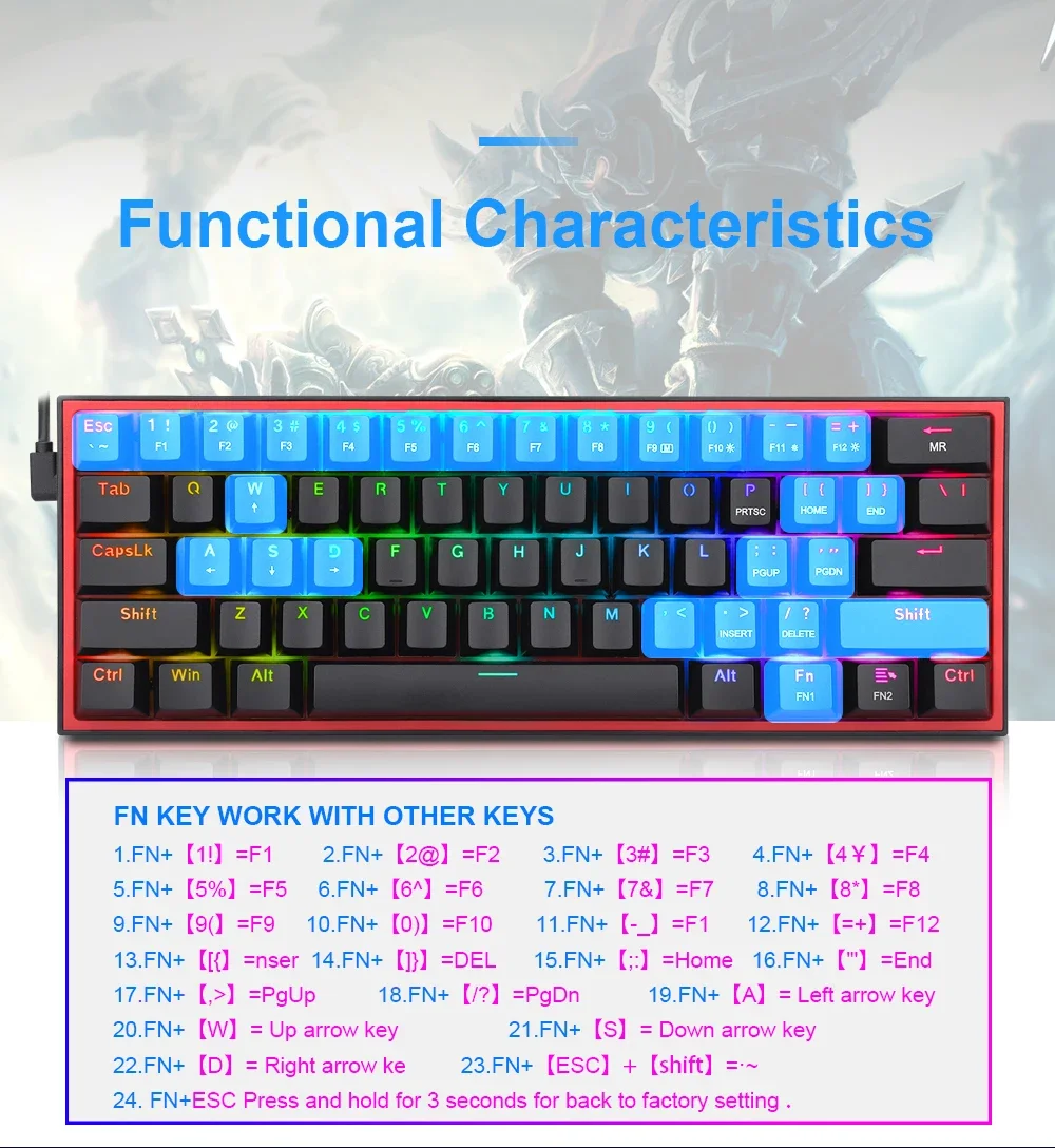 Redragon K617 Fizz RGB 60% Mechanical Gaming Keyboard, 61 Keys, Red Switches, Black - Thumbnail 8