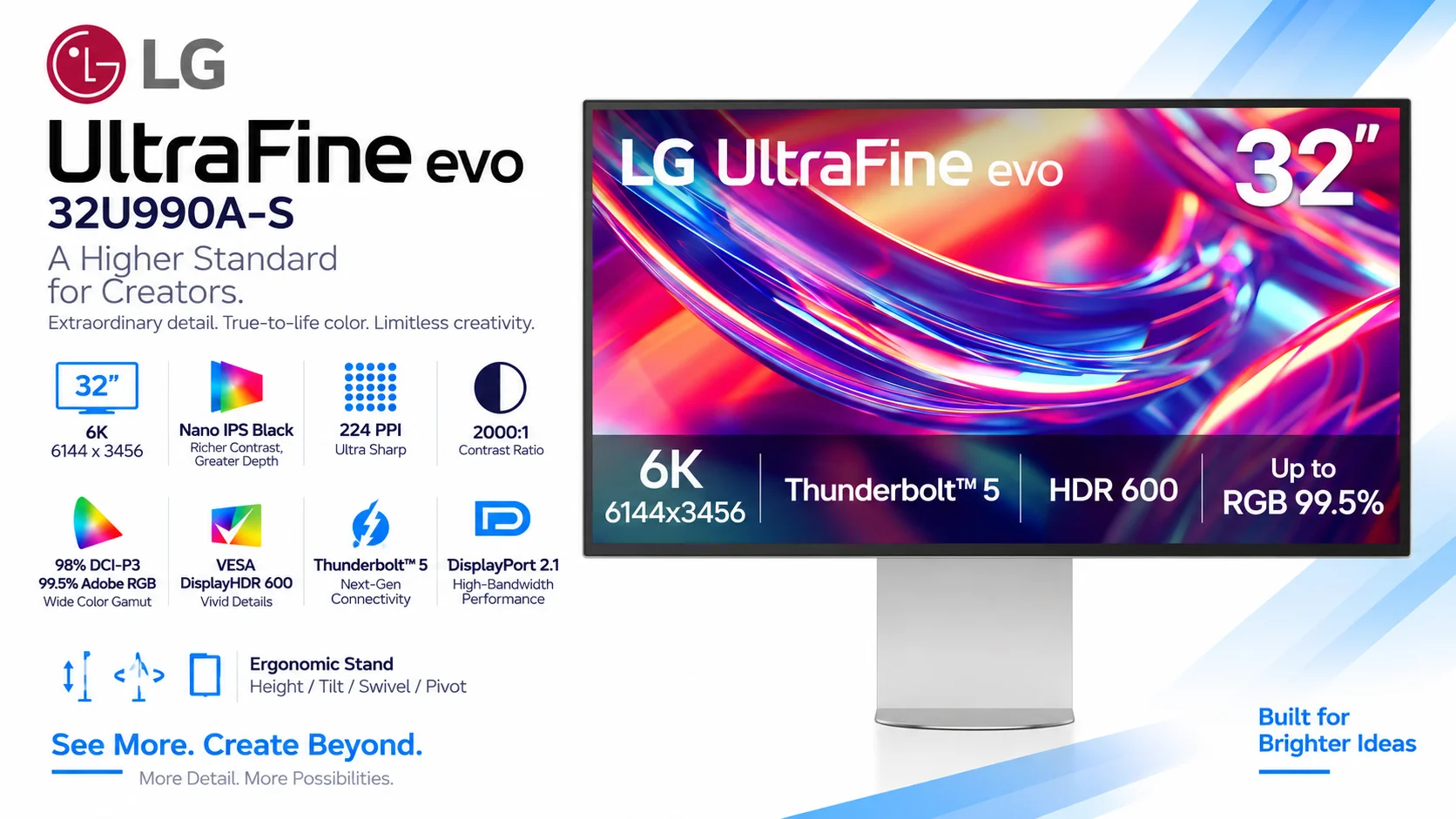 LG 32U990A-S UltraFine 32-inch 6K Professional Monitor, Nano IPS Black, Thunderbolt 5, DisplayHDR 600, Speakers, HDMI 2.1, DisplayPort 2.1, USB-C, Tilt/Height/Pivot Stand, Silver - Thumbnail 16