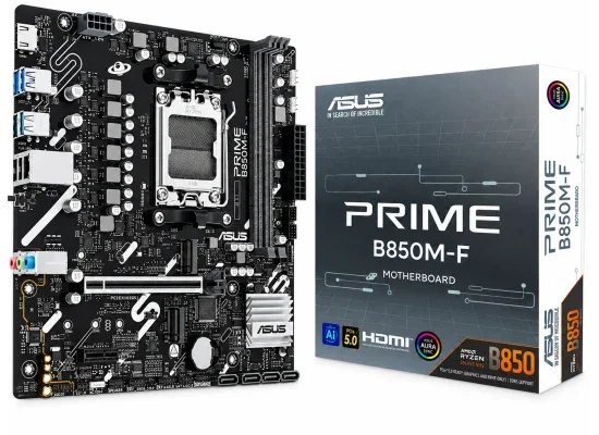 لوحة أم Asus PRIME B850M-F بحجم Micro-ATX ومقبس AM5 وذاكرة DDR5، بسرعة 8200MHz (OC)، HDMI وVGA ومنفذي M.2 وUSB 5Gbps