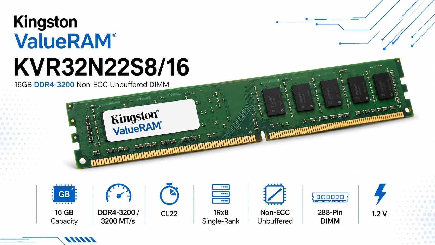 Kingston ValueRAM KVR32N22S8/16 16GB DDR4 3200MHz CL22 Desktop DIMM - Thumbnail 2
