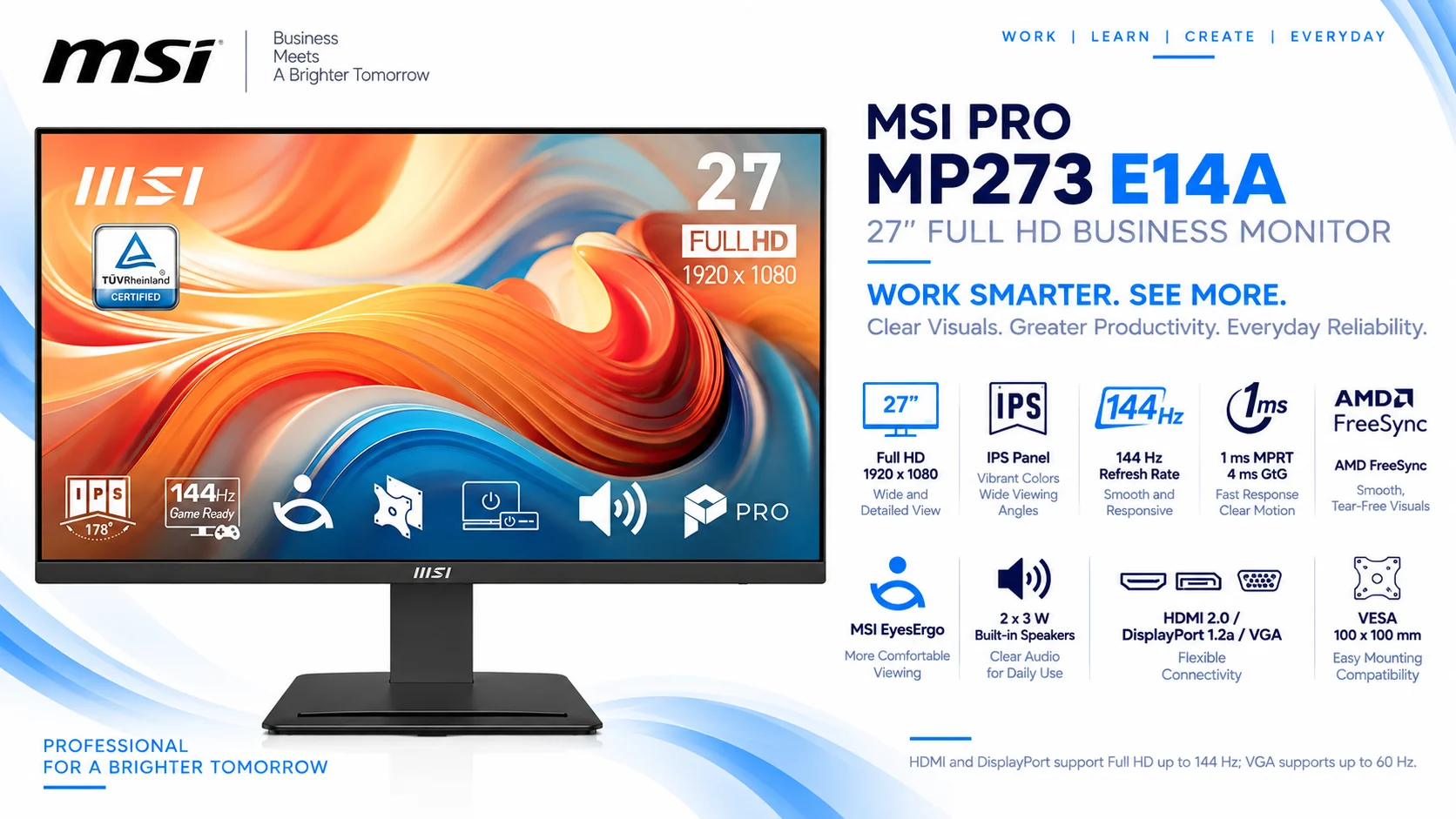 شاشة MSI 27 إنش IPS Full HD بتردد 144Hz واستجابة 1ms، Less Blue Light PRO، سماعات مدمجة، تعديل الميل، VESA، HDMI وDP - أسود - PRO MP273 E14A - Thumbnail 10