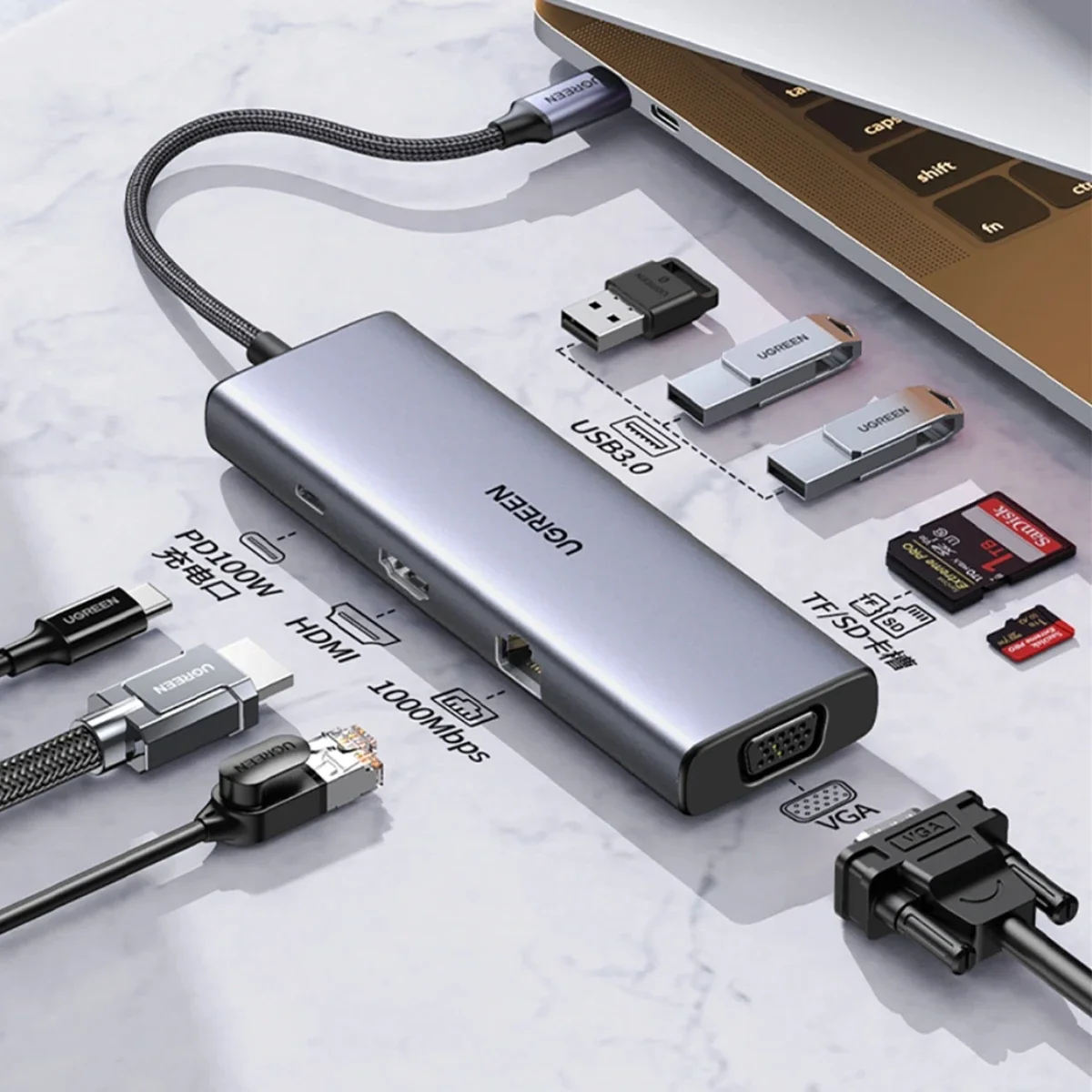 محول USB-C ‏9 في 1 Ugreen CM498 مع 3 منافذ USB-A 3.0 وHDMI وVGA وRJ45 وقارئ SD/TF وشحن PD 100W - Gray - Thumbnail 3
