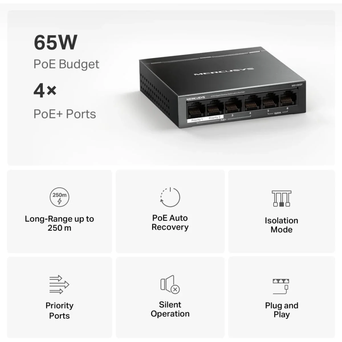 MERCUSYS MS106GP 6-Port Gigabit Switch, 4 PoE+ Ports, 65W Budget, 2 Uplinks, 250m PoE, Auto Recovery, Isolation Mode - Image 2