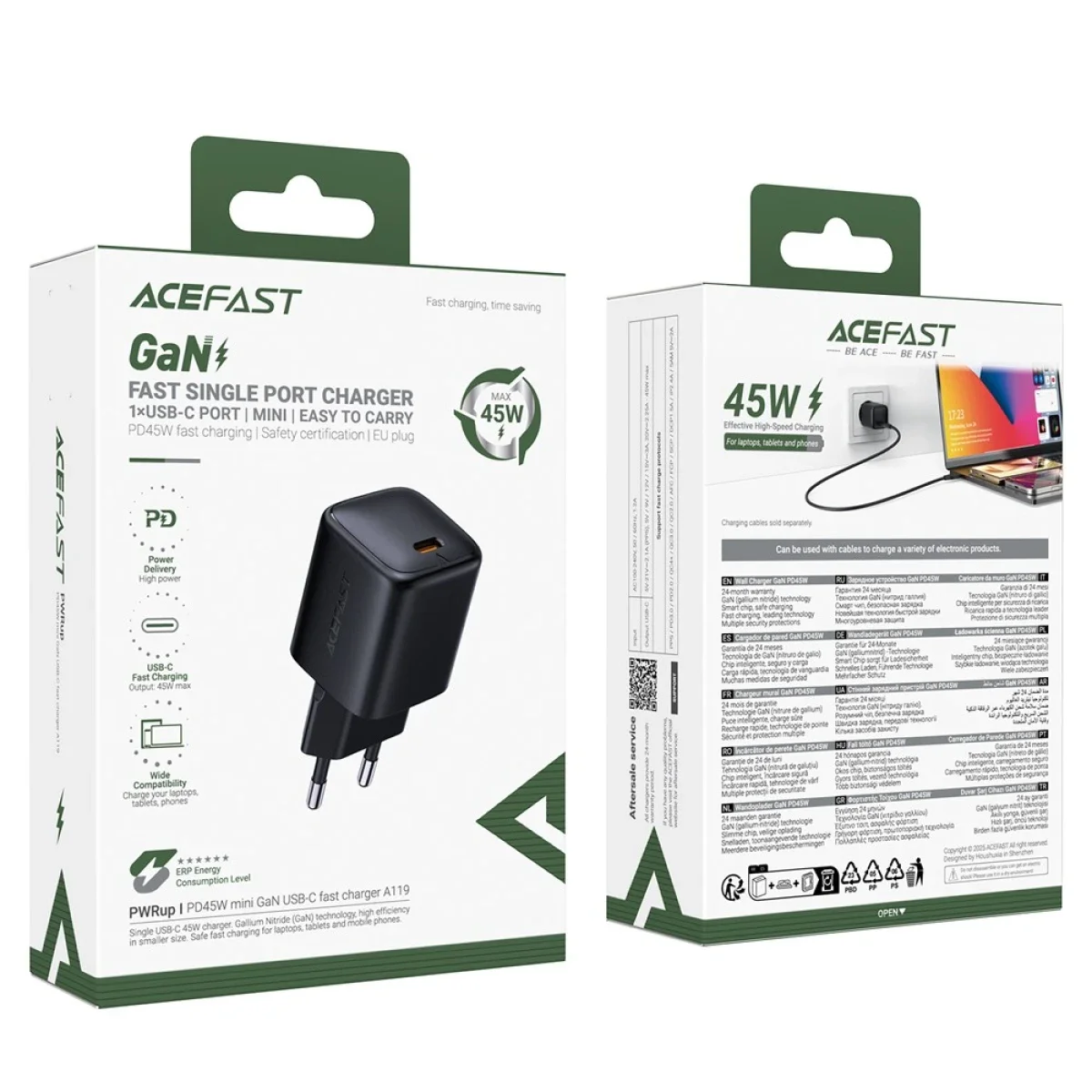 ACEFAST A119 45W USB-C GaN PD Wall Charger with EU Plug - Black - Image 6