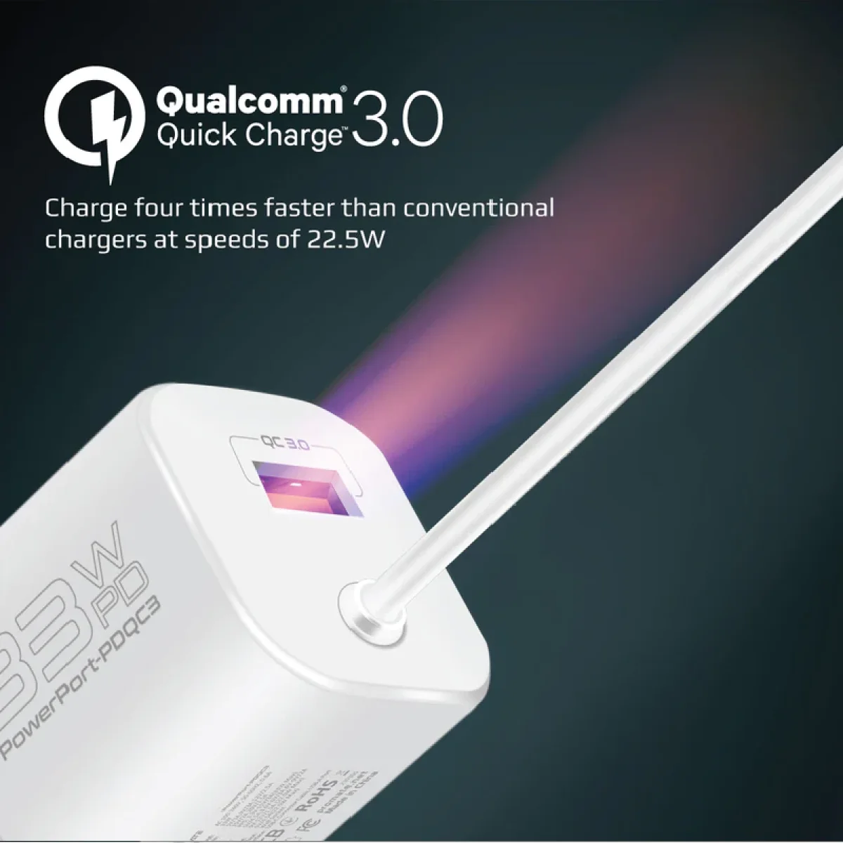 شاحن حائط Promate PowerPort-PDQC3 USB-C بقوة 33 واط مع QC 3.0 بقوة 22.5 واط وكابل Type-C بطول 1.5 متر - أبيض - Thumbnail 2