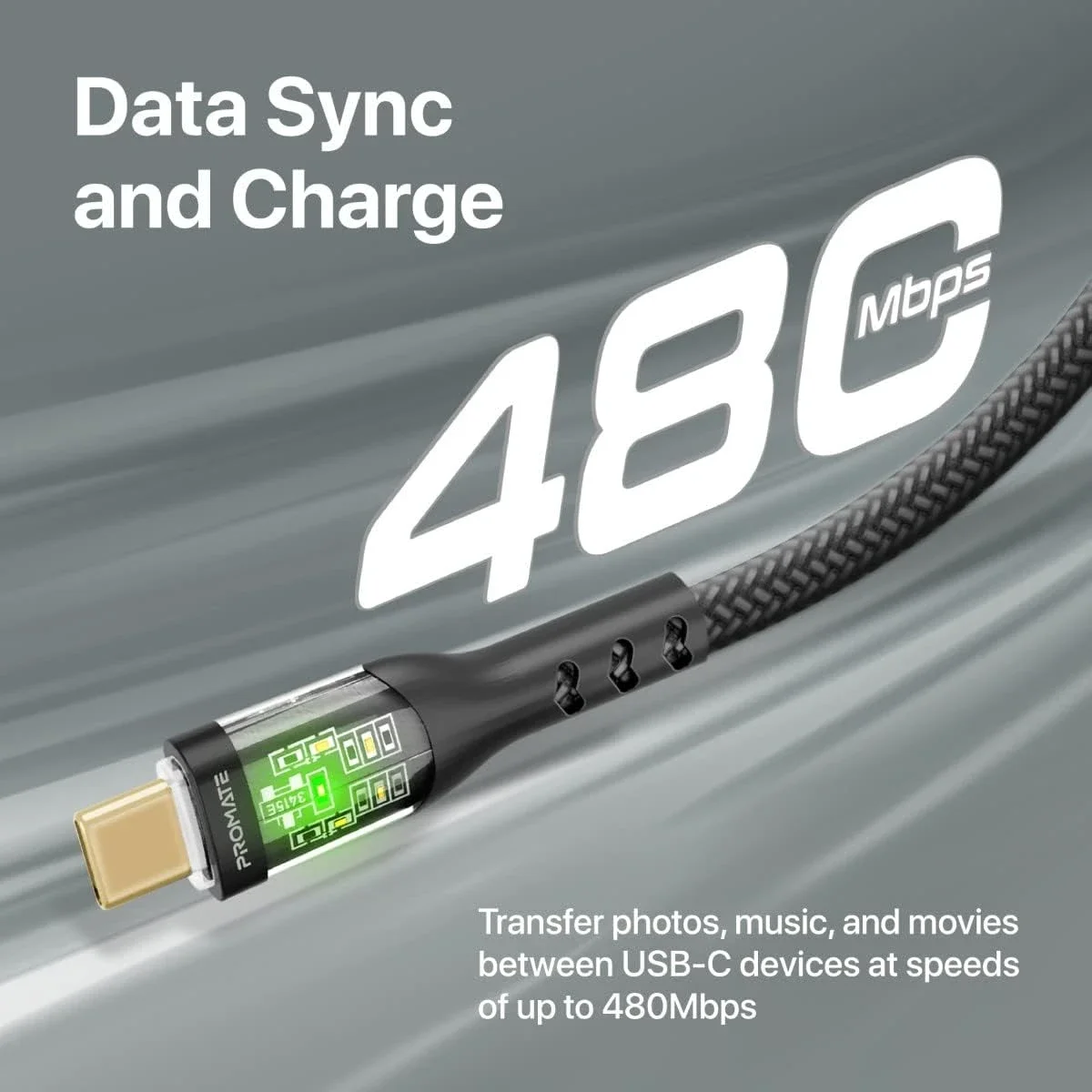 Promate TransLine-CC USB-C to USB-C Cable 60W PD 120cm Nylon Braided - Image 5