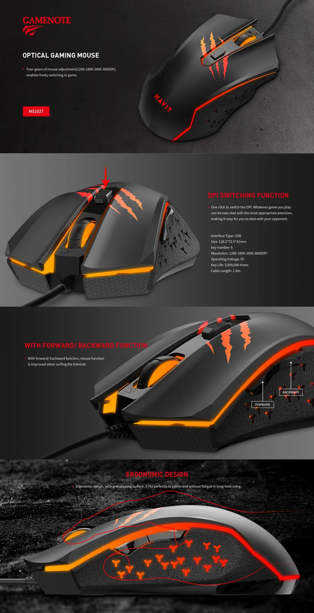 HAVIT MS1027 Gaming Mouse with 1200-3600 DPI - Thumbnail 6