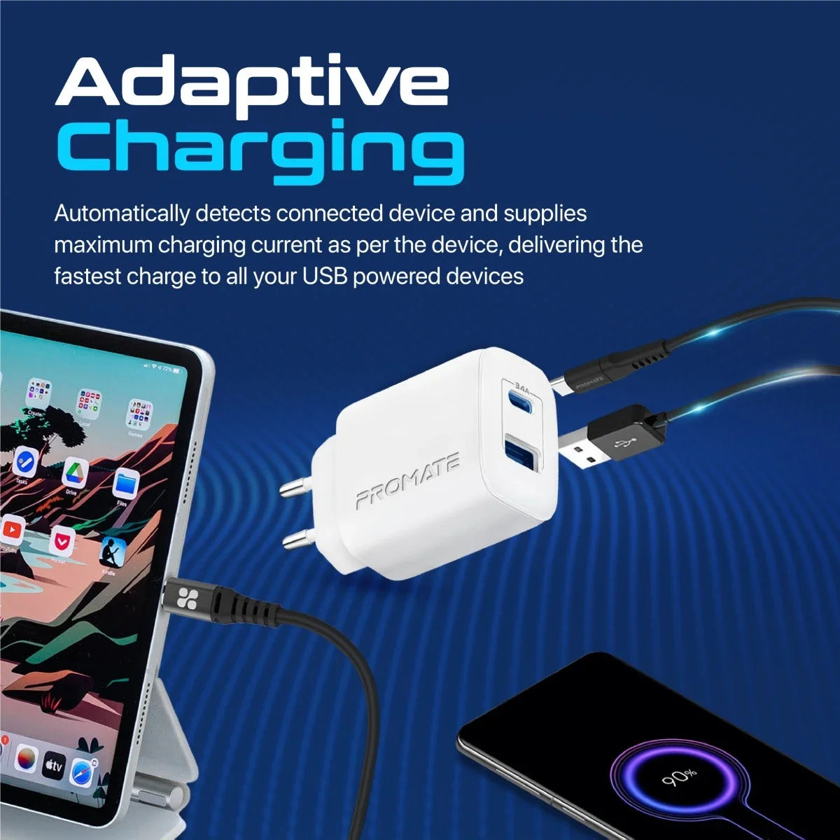 شاحن حائط Promate BiPlug-2 ثنائي المنافذ USB-C وUSB-A بقدرة 17 واط قابس أوروبي - أبيض - Thumbnail 4
