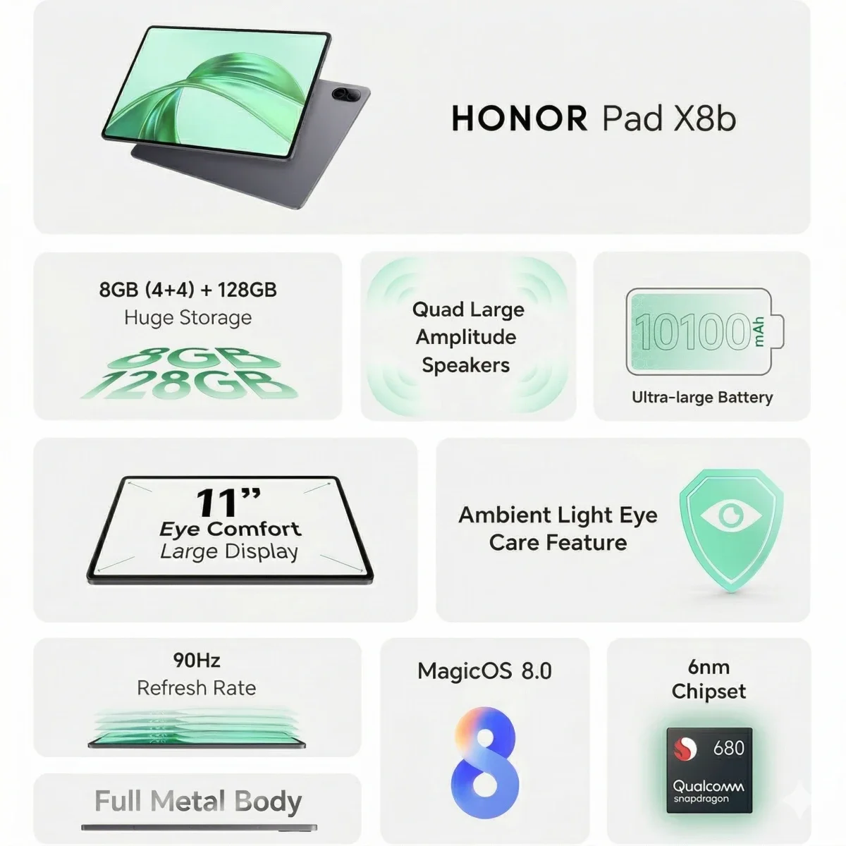جهاز لوحي HONOR Pad X8b (2026) واي فاي 11.0 إنش، 128GB، رام 4GB + 4GB مشتركة، رمادي فضائي - Image 7