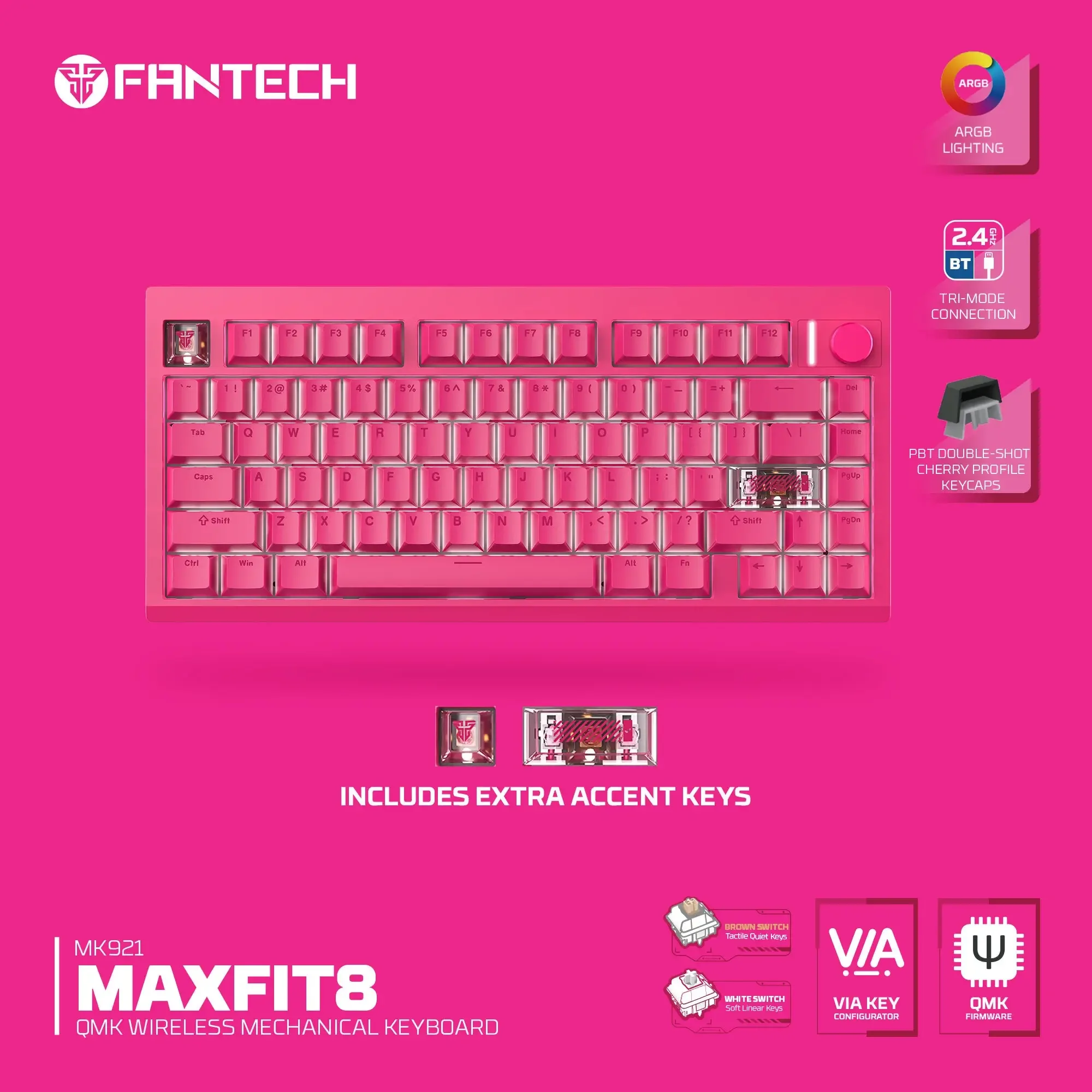 كيبورد ألعاب ميكانيكل Fantech MK921 MAXFIT8 QMK لاسلكي وردي باتصال ثلاثي الأوضاع - Thumbnail 3