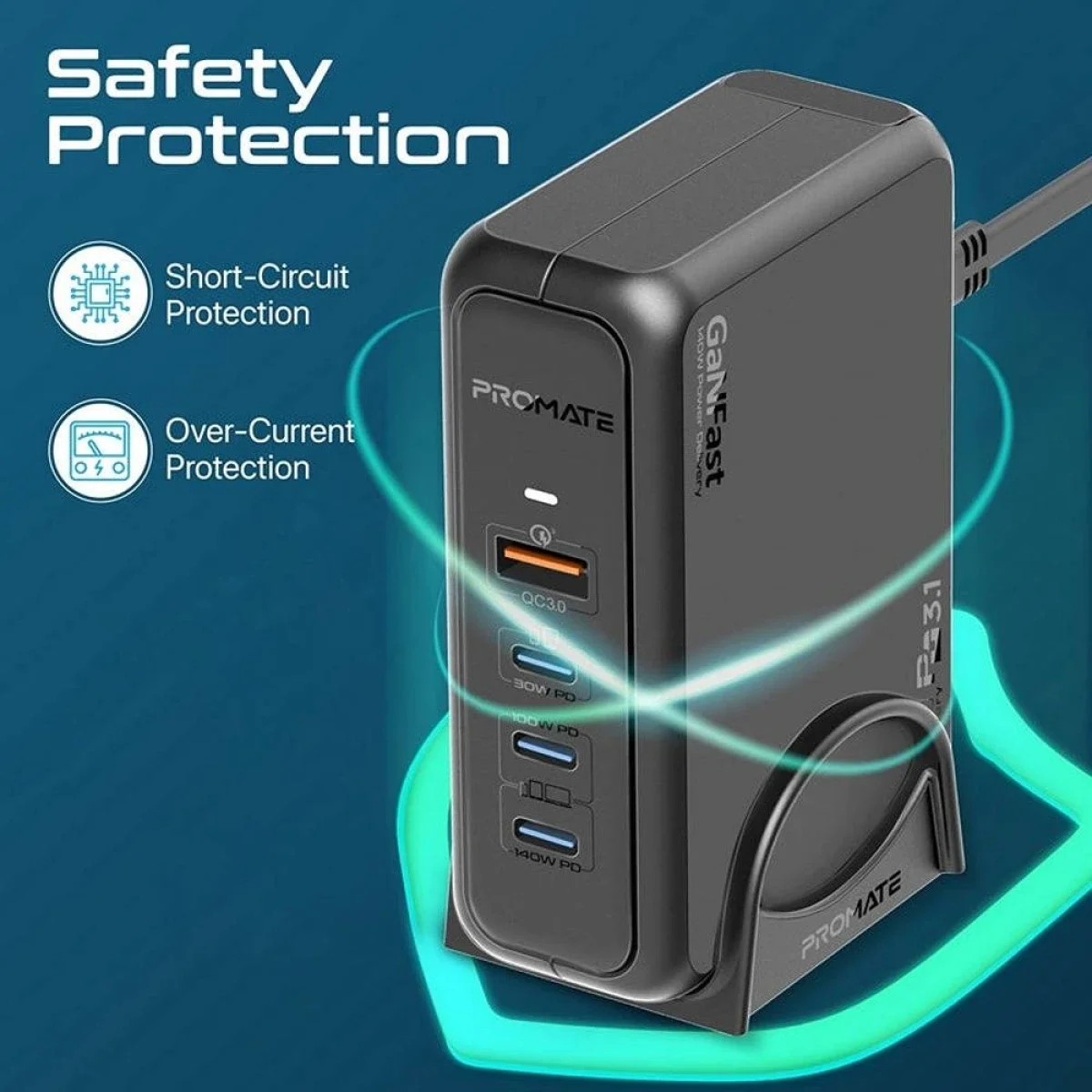 Promate GaNPort-140W 140W GaNFast Charging Station with PD 3.1 & QC 3.0 - Black - Thumbnail 5