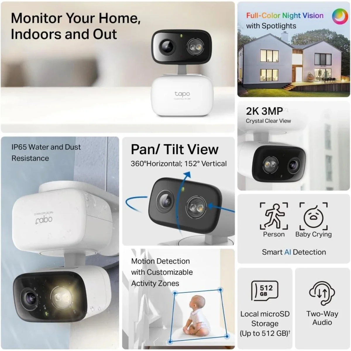 كاميرا مراقبة خارجية TP-LINK Tapo C216 واي فاي بدقة 2K 3MP مع دوران 360° وتحريك/إمالة - Image 2