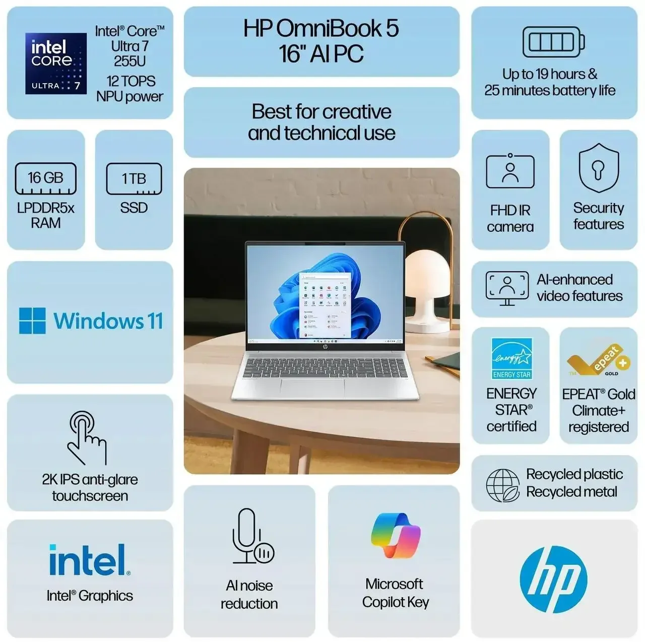 لابتوب أعمال 2 في 1 HP OmniBook 5 AI 16 إنش 1920x1200 شاشة لمس IPS بمعالج Intel Core Ultra 7 255U - Image 2