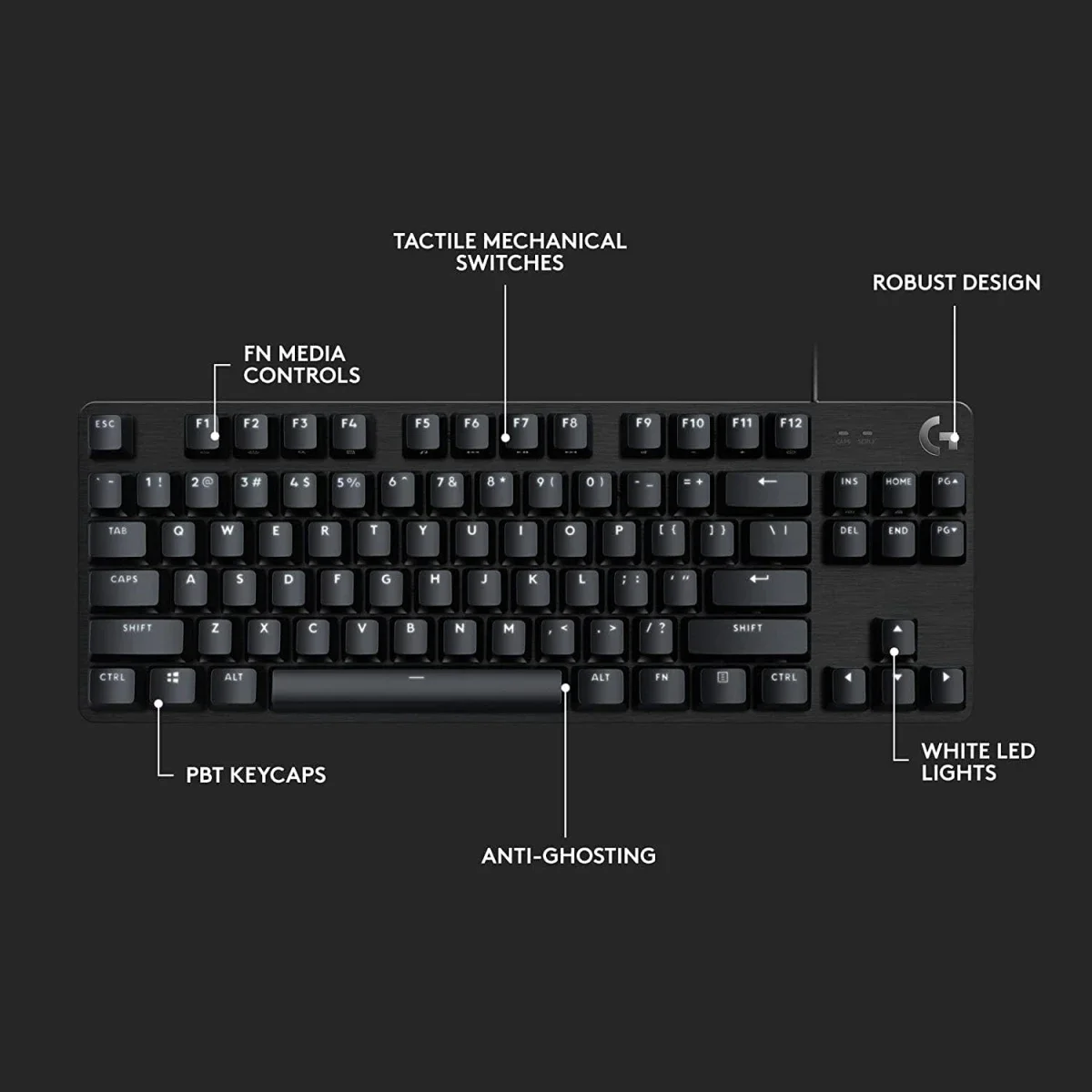 لوحة مفاتيح ألعاب ميكانيكية Logitech بإضاءة بيضاء وهيكل ألمنيوم أسود G413 TKL SE - Thumbnail 7