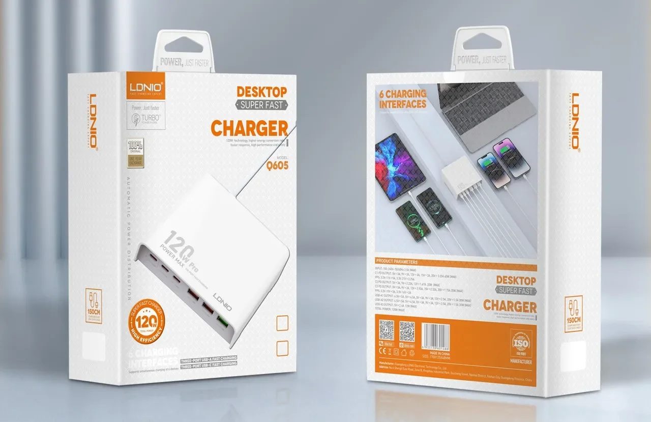 شاحن مكتبي سريع LDNIO Q605 بقدرة 120 واط و6 منافذ USB-C PD - أبيض - Thumbnail 19