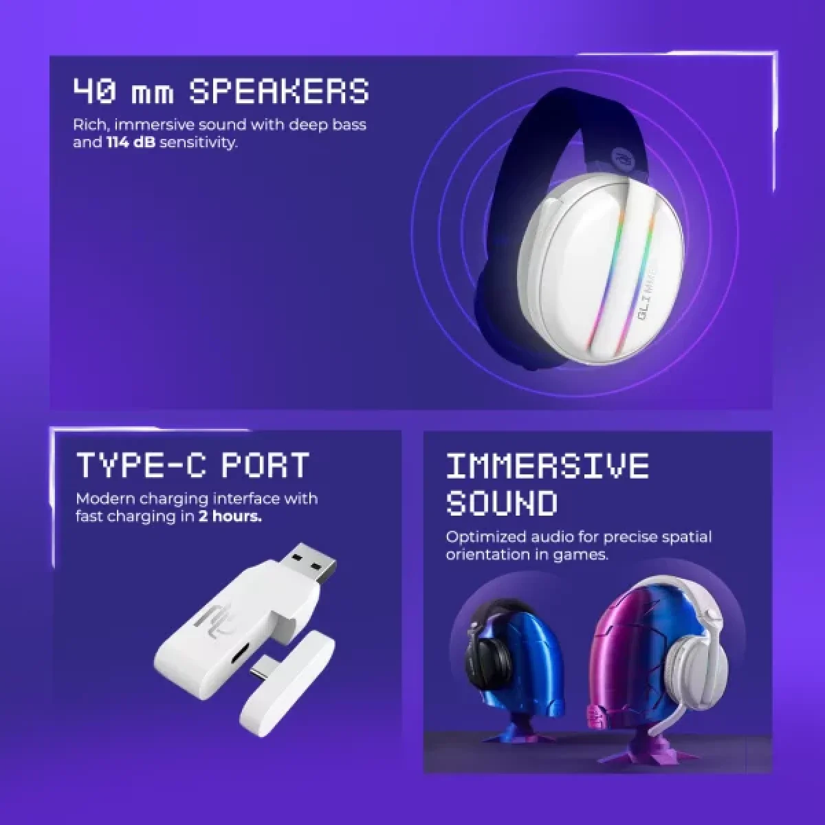 Proove Glimmer Dual-Wireless RGB Gaming Headset, White/Purple - Thumbnail 8