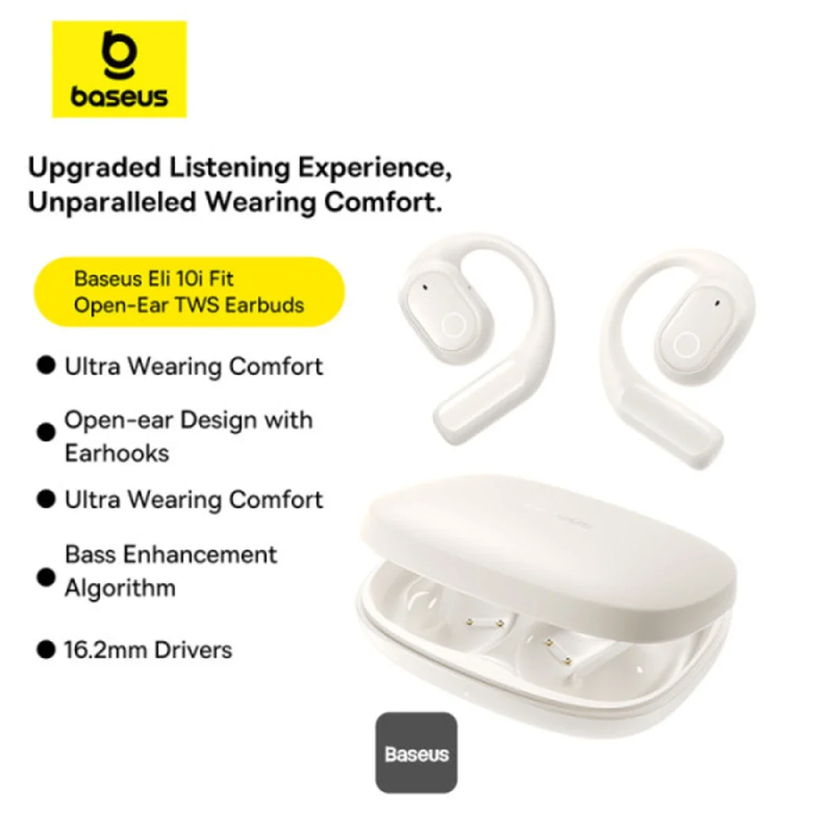 Baseus Eli 10i Fit Open-Ear TWS Earbuds Bluetooth 5.4, 16.2mm Drivers, 45H Battery, Stellar White - Thumbnail 3