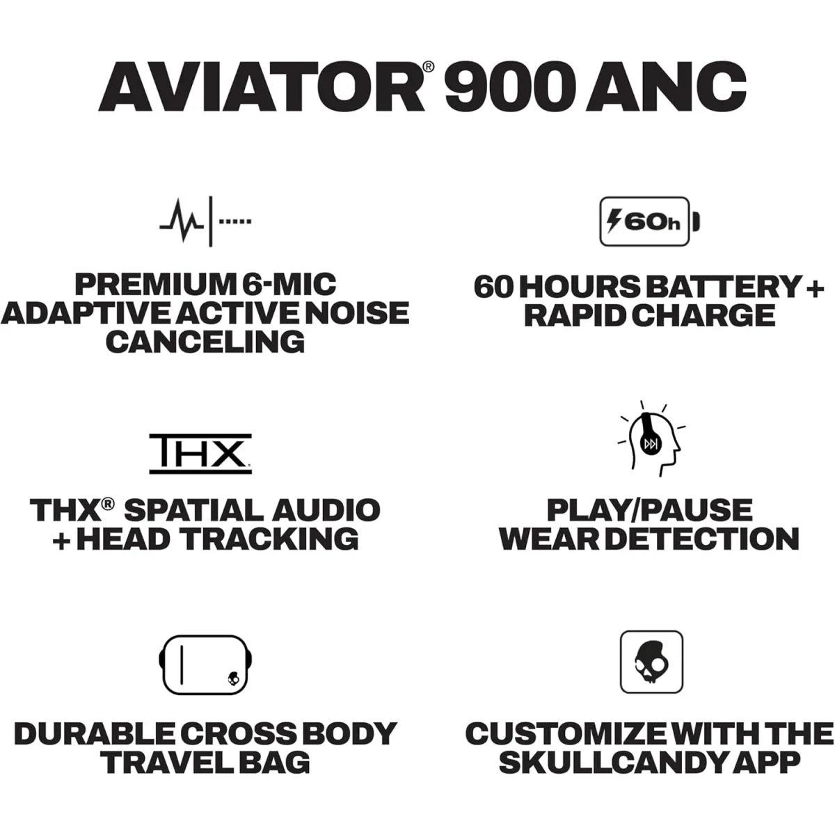 سماعات رأس Skullcandy Aviator 900 ANC لاسلكية فوق الأذن بتقنية Bluetooth، أسود حقيقي - Thumbnail 9