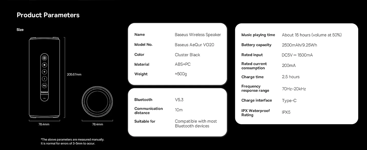 مكبر صوت Baseus AeQur Series VO20 بلوتوث مع إضاءة RGB، 15 واط، تشغيل حتى 15 ساعة - أسود - Image 18