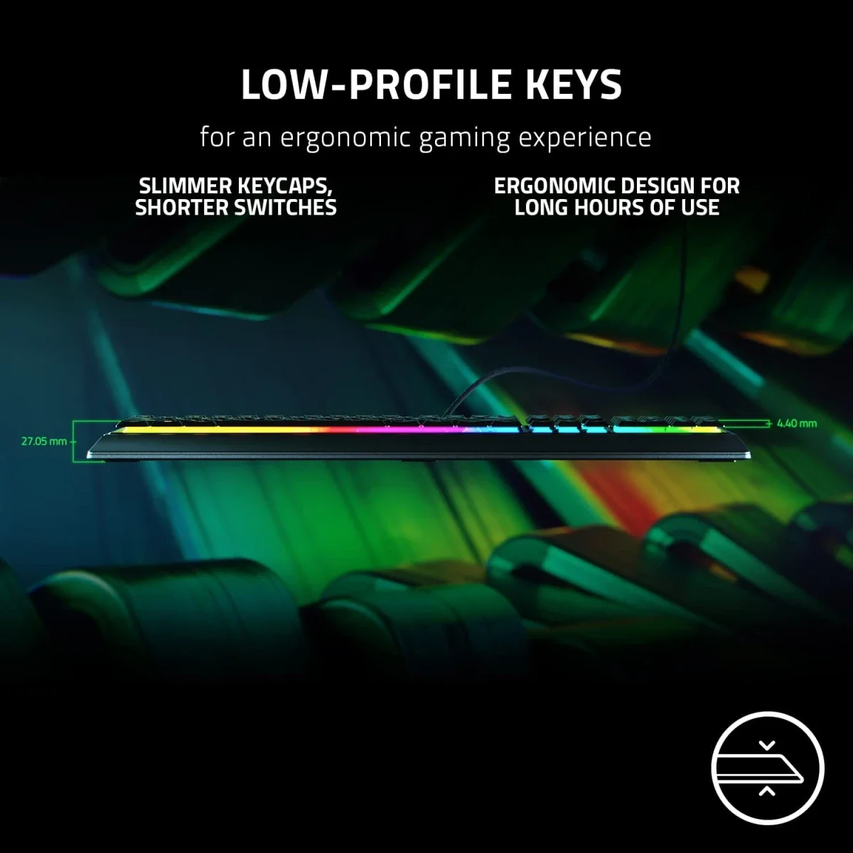 Razer Ornata V3 Low-Profile Mecha-Membrane Gaming Keyboard with 10-Zone RGB Lighting - Black - Thumbnail 2