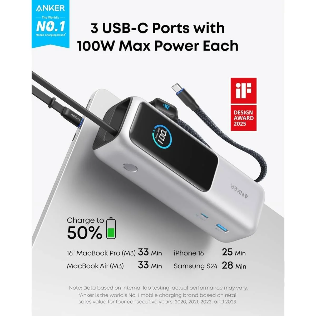باور بانك لابتوب Anker 25000mAh 165W مع كيابل USB-C مدمجة قابلة للسحب - فضي - Image 2