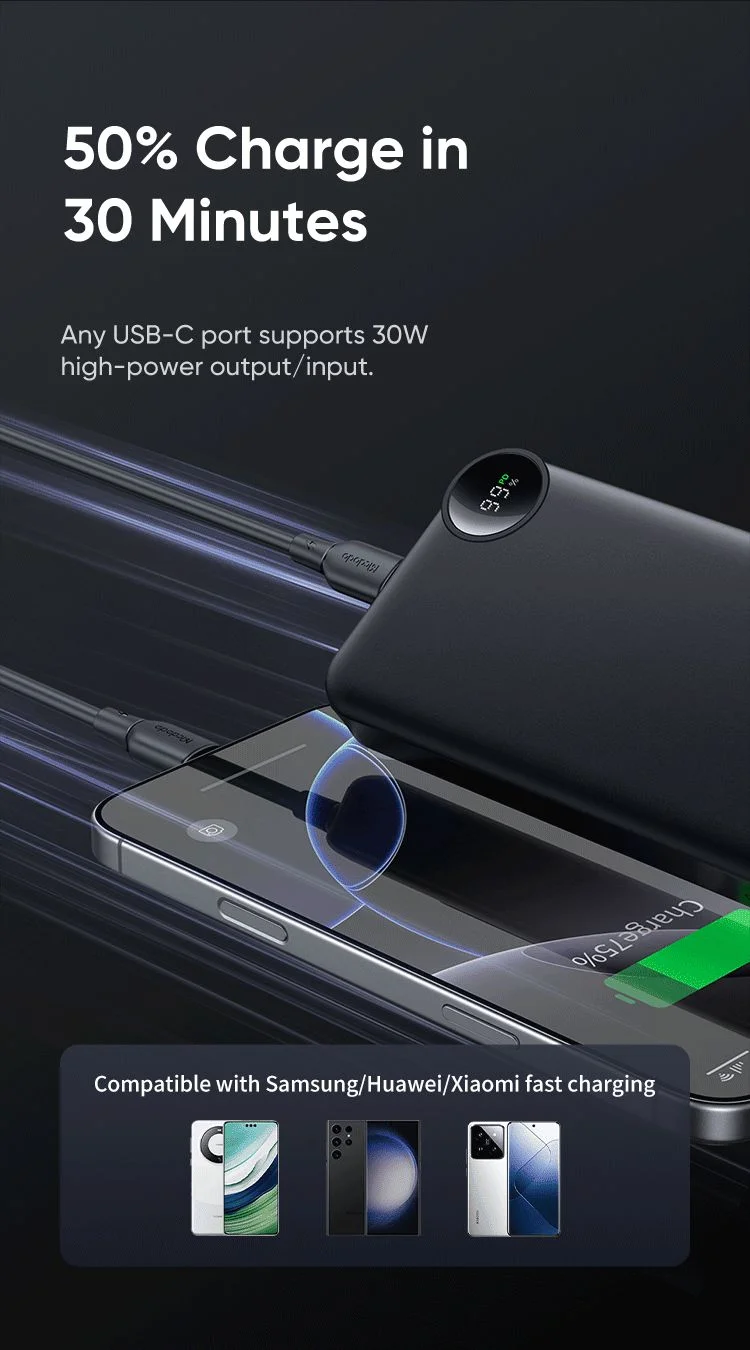 باور بانك Mcdodo MC-3850 بسعة 10000mAh وقدرة 30W مع شاشة LED ومنفذي USB-C ومنفذ USB-A، أسود - Thumbnail 12