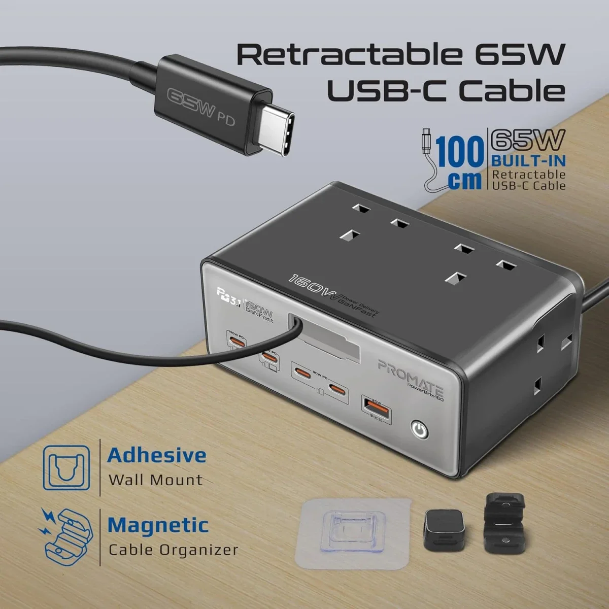 محطة شحن Promate PowerBrix-160 GaNFast بقدرة 160 واط مع 4 مقابس AC وكابل USB-C قابل للسحب - رمادي - Thumbnail 3
