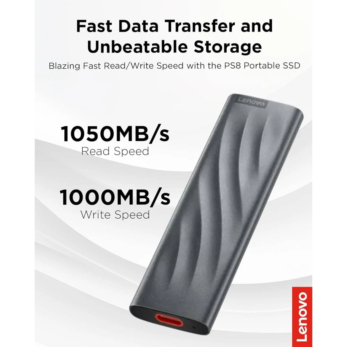 قرص SSD خارجي محمول Lenovo PS8 بسعة 1TB وسرعة 1050 MB/s USB-C رمادي - Image 5