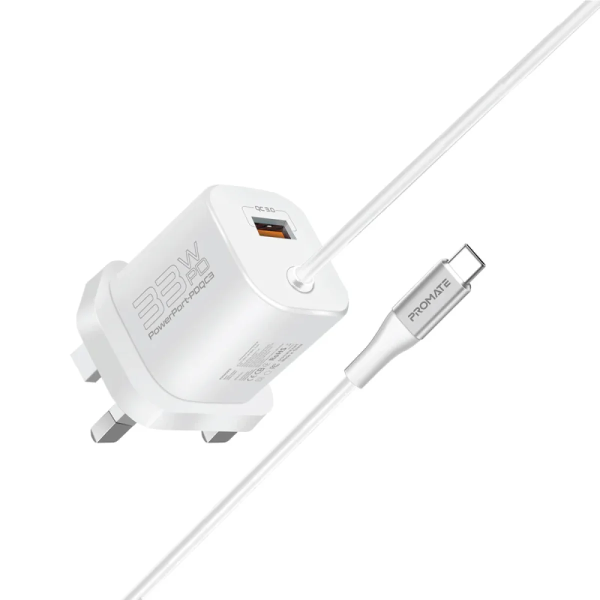 شاحن حائط Promate PowerPort-PDQC3 USB-C بقوة 33 واط مع QC 3.0 بقوة 22.5 واط وكابل Type-C بطول 1.5 متر - أبيض