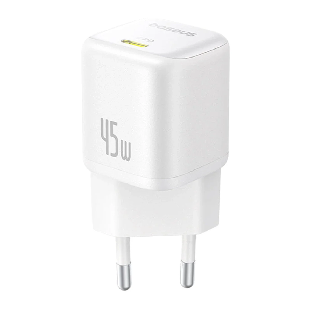 شاحن جداري Baseus PicoGo GaN6 Pro USB-C بقدرة 45 واط، قابس أوروبي - أبيض قمري