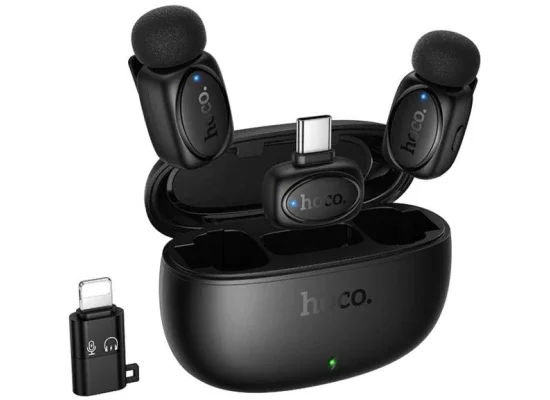 HOCO L19 Dual Wireless Lavalier Microphone with Type-C Receiver and Lightning Adapter, Black - Image 7