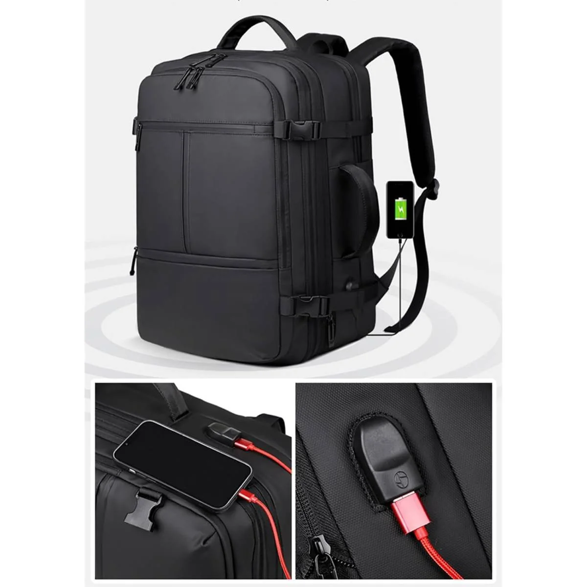 حقيبة ظهر DTBG D-9902W للابتوبات حتى 17 إنش، 40 لتر، منفذ شحن USB، مقاومة للماء، أسود - Image 4