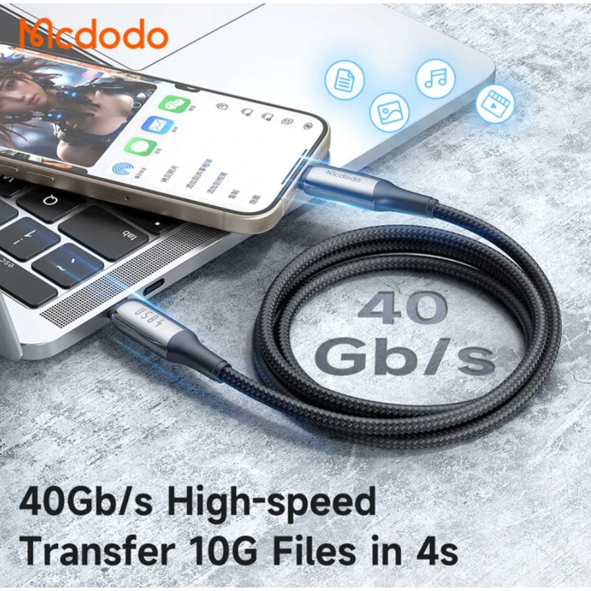 Mcdodo CA-2990 Thunderbolt 4 USB-C to USB-C Cable, 240W 5A, USB 4.0, 1.2m - Thumbnail 4